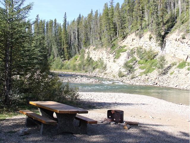Fire pit and picnic site at McLeod River Campground.
