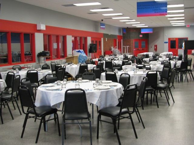 Event space at the arena with tables and chairs