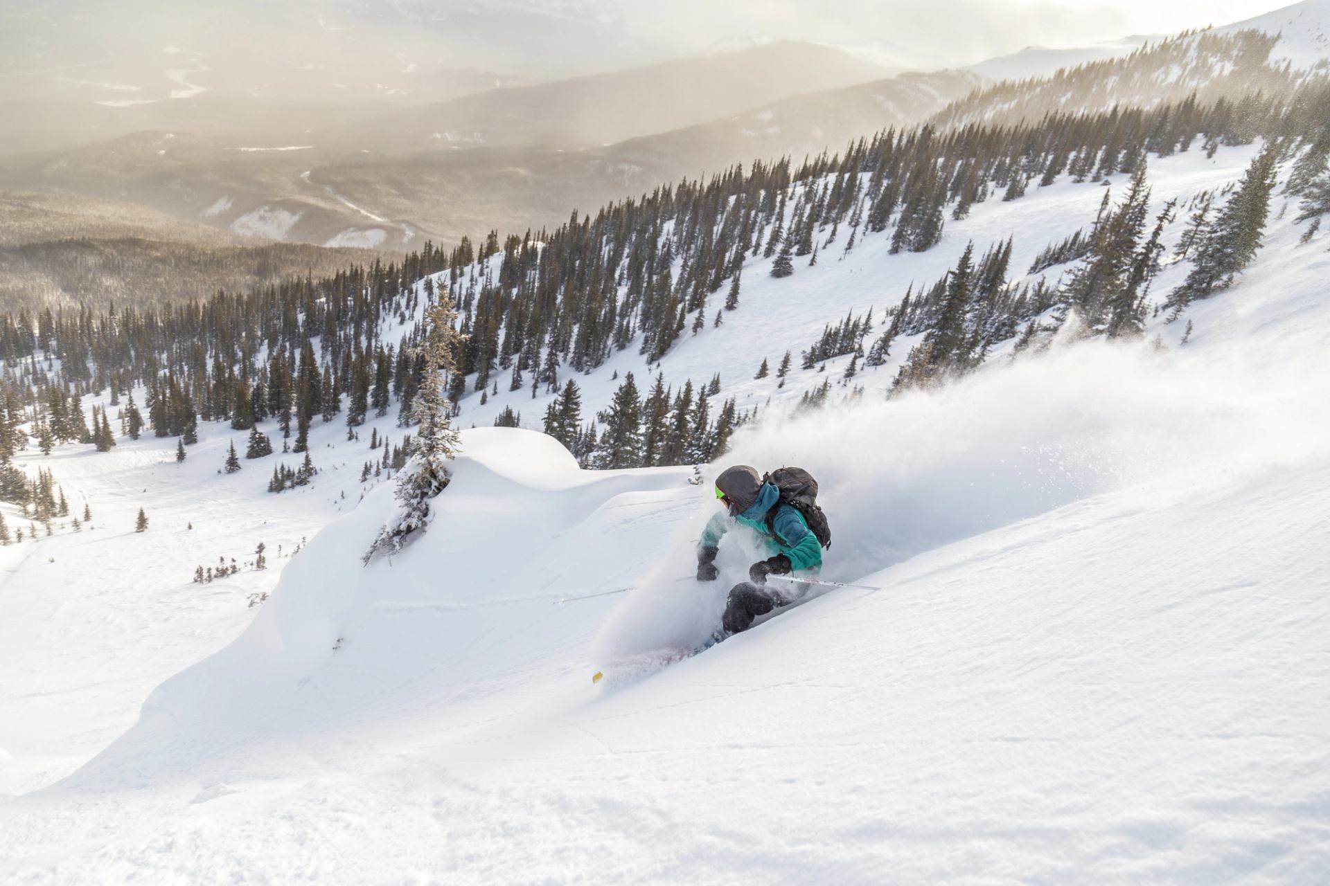 Skier carving through fresh powder on a steep, snowy slope with trees and mountains below.