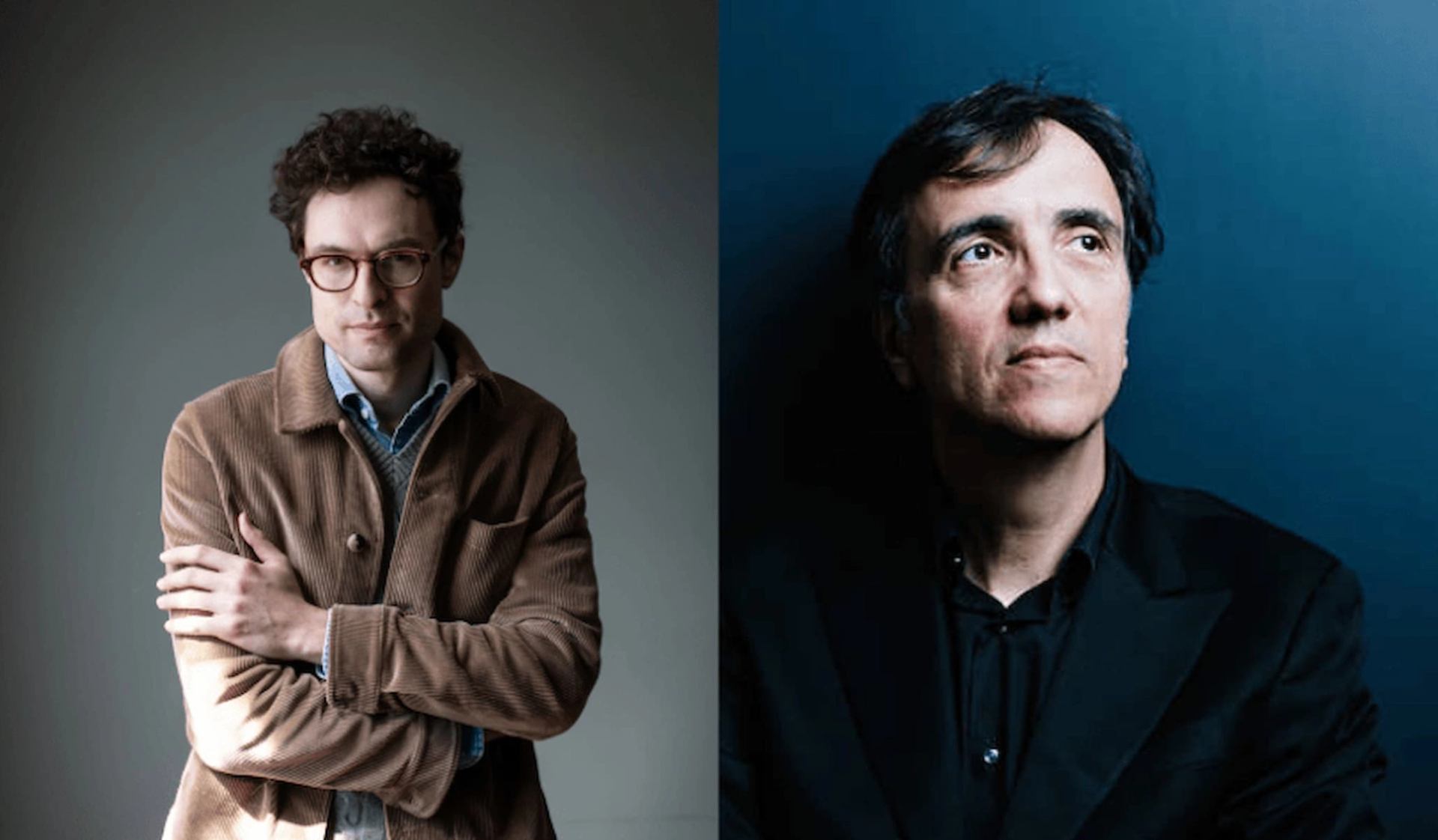 Split portrait of two men in jackets against grey and blue studio backgrounds.