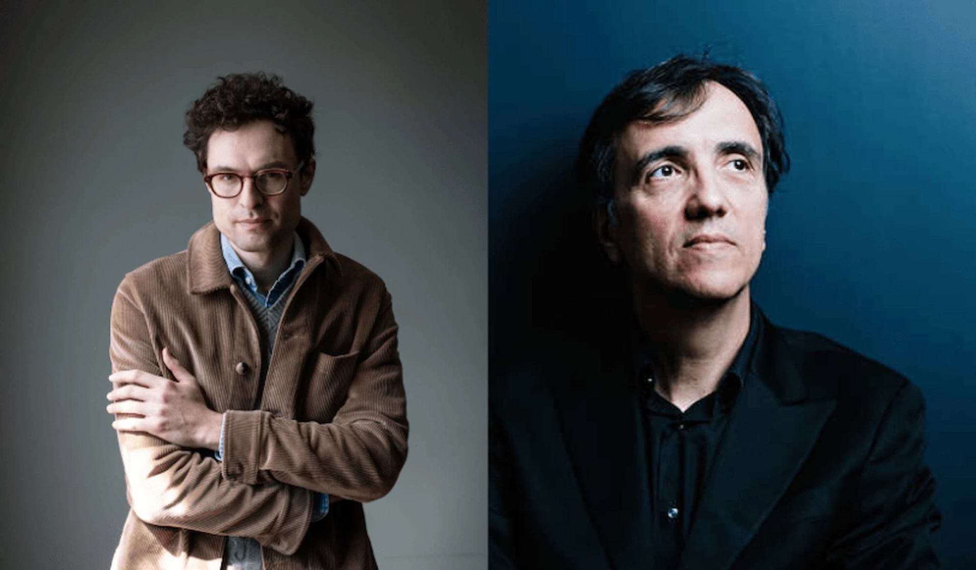 Split portrait of two men in jackets against grey and blue studio backgrounds.