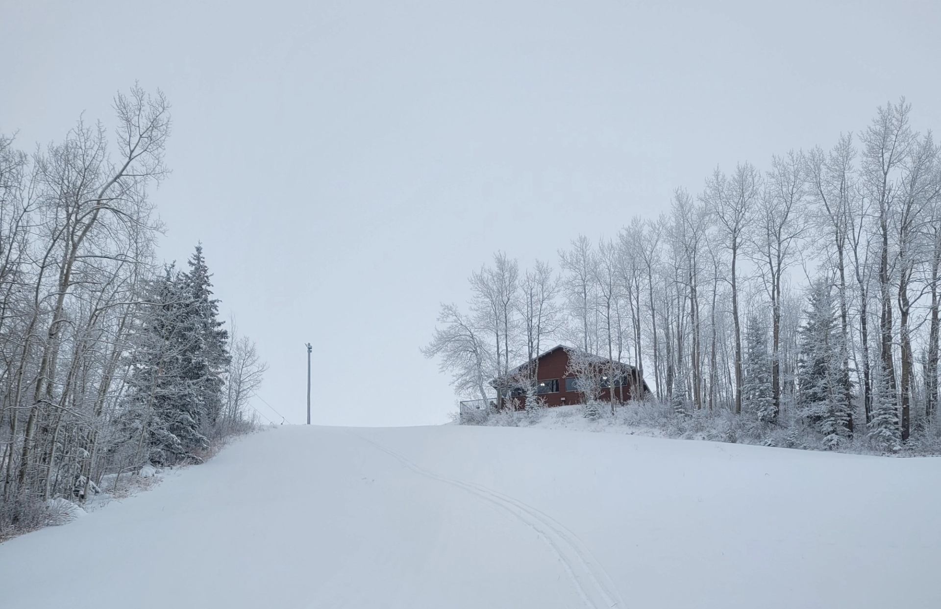 Red house in snowy woods under a cloudy winter sky.