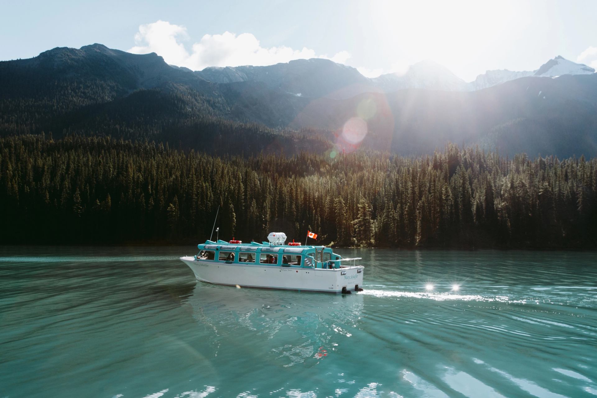 Scenic shot of a Maligne Lake Cruise boat on Maligne Lake.