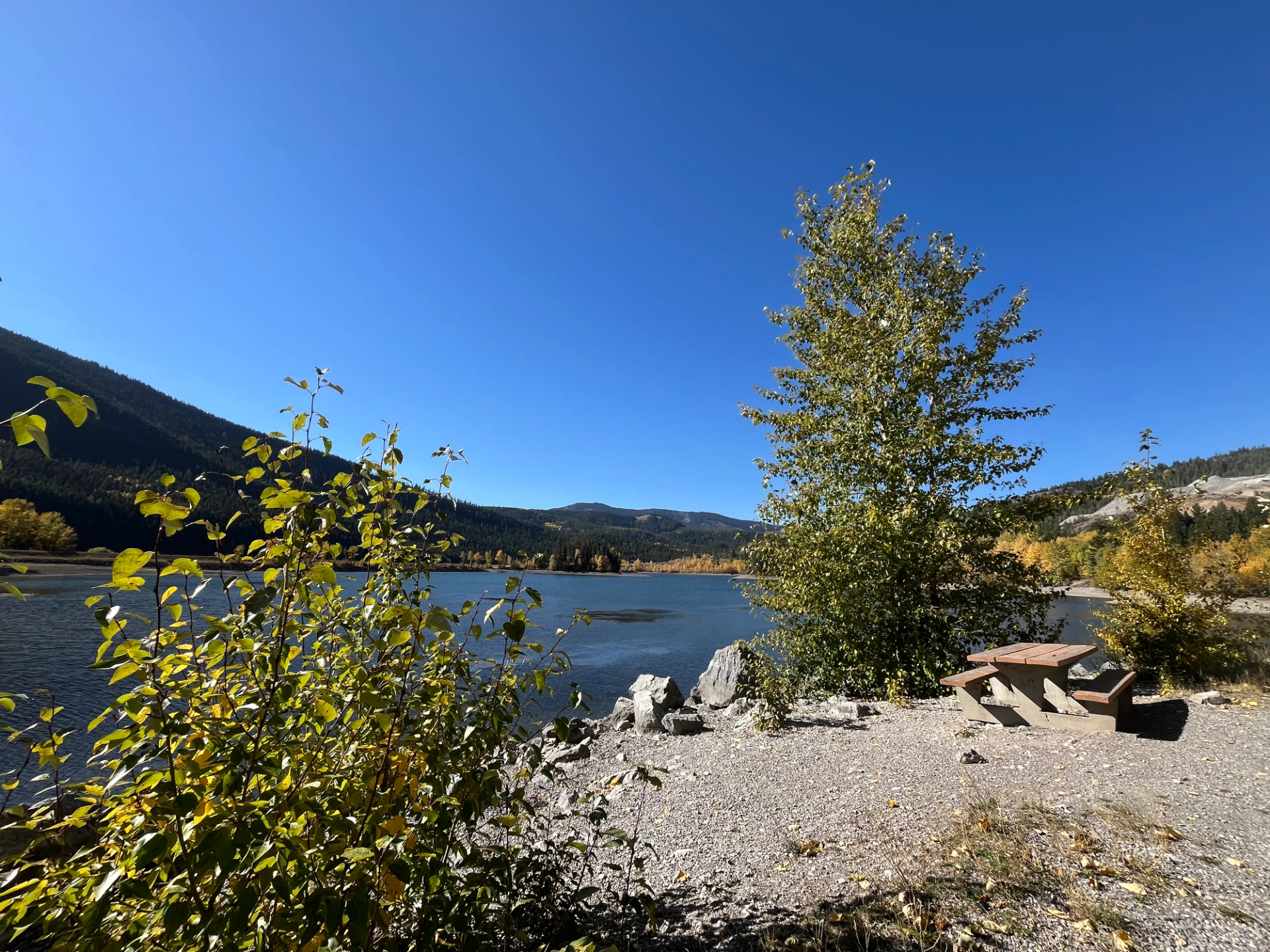 Lakeside picnic table on rocky shore with trees, hills and clear blue sky.