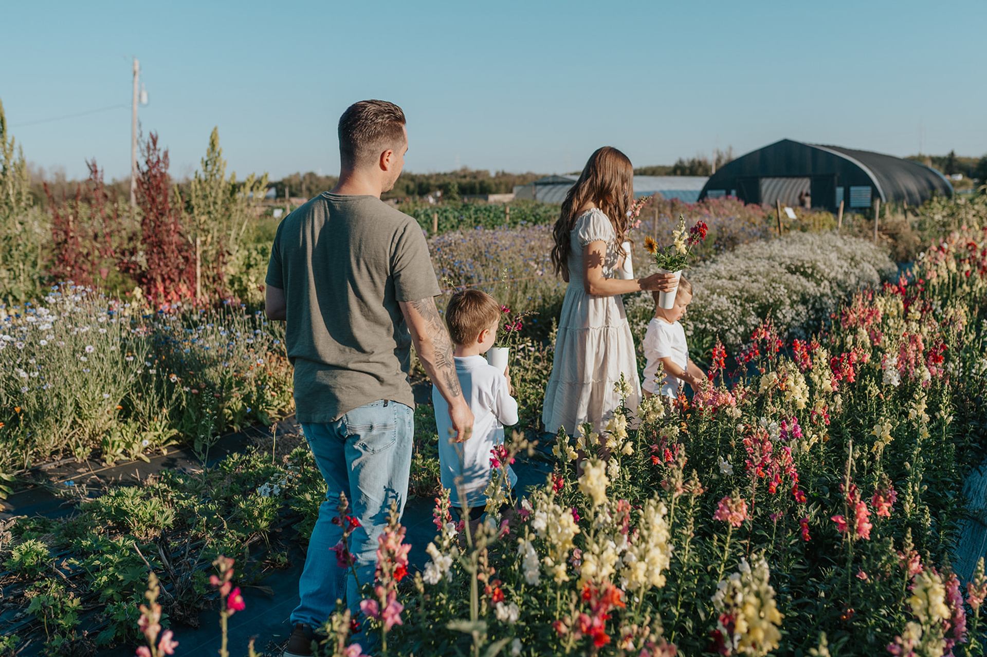 A family walking through colorful flower rows at an outdoor farm.