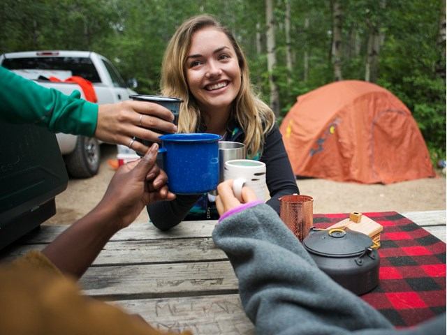 Friends tent camping at Jarvis Bay Provincial Campground.