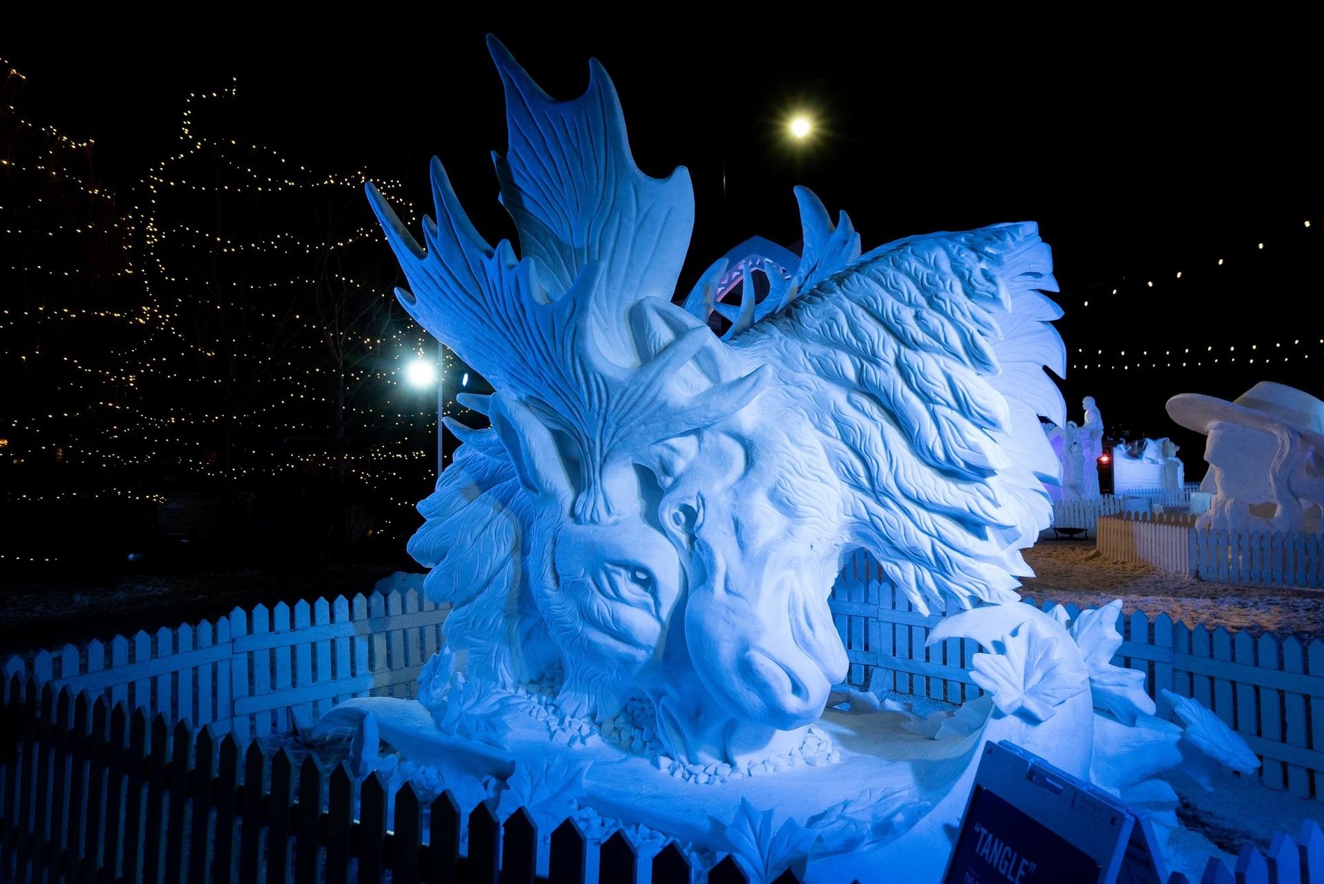 Illuminated ice sculpture of two moose heads at outdoor snow art exhibit.