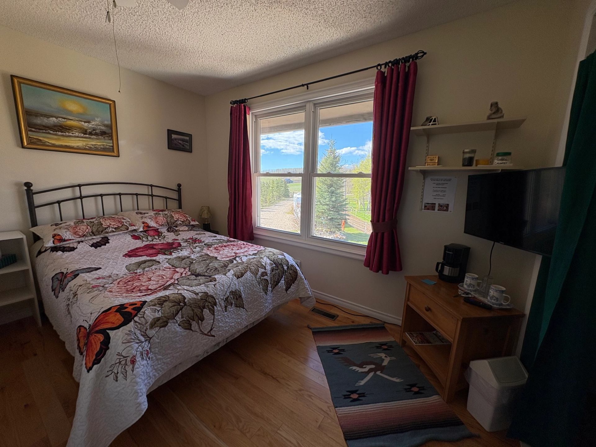 Small bedroom with floral quilt, window view of trees, coffee station and wall-mounted TV.