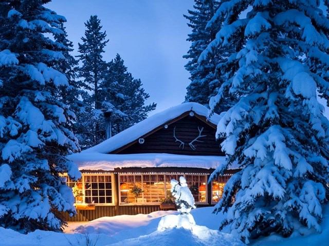 Snowy forest cabin glowing warmly at twilight.