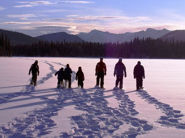 A group of people snowshoeing.