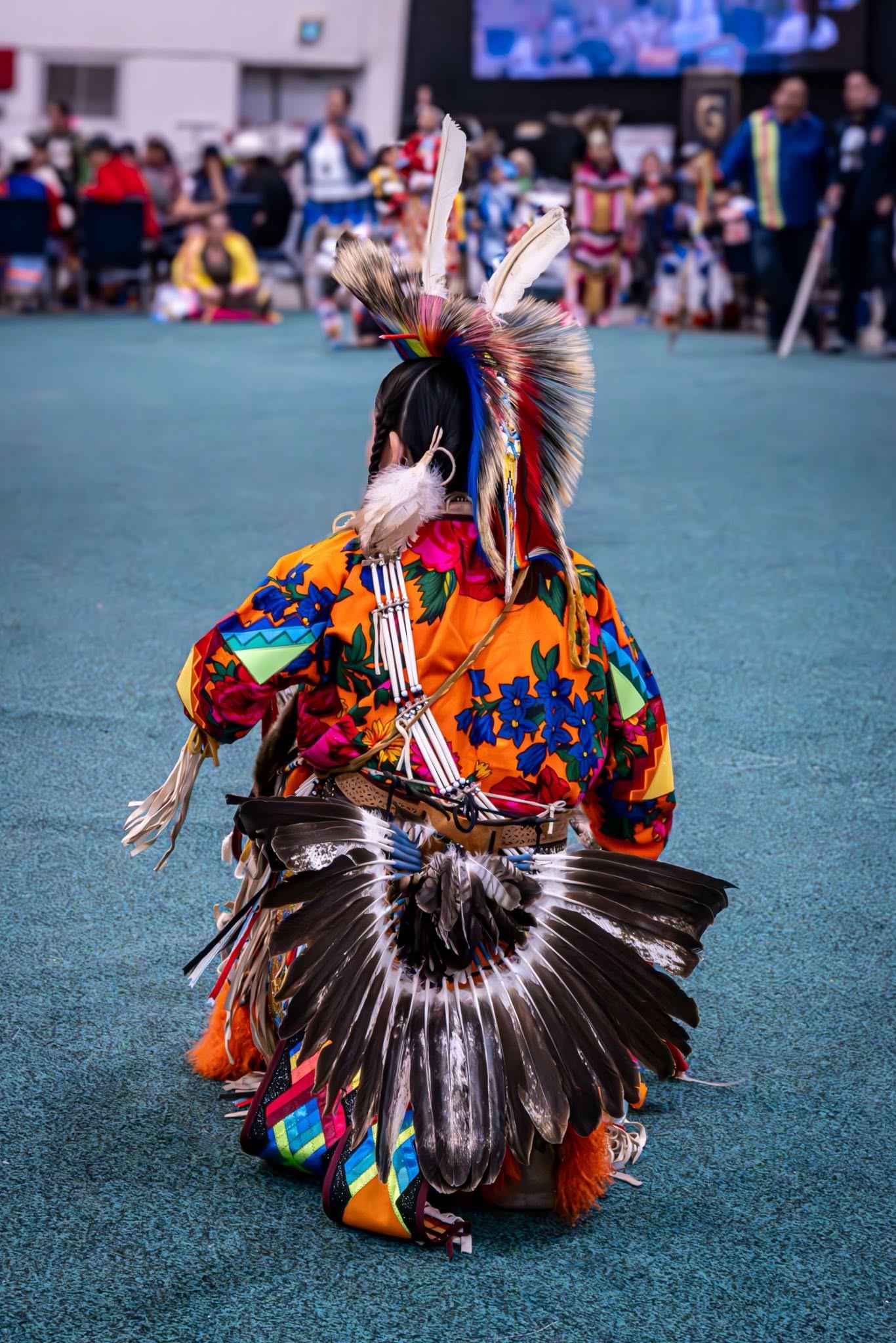 Powwow dancer in colourful regalia with feather bustle kneels on arena floor.