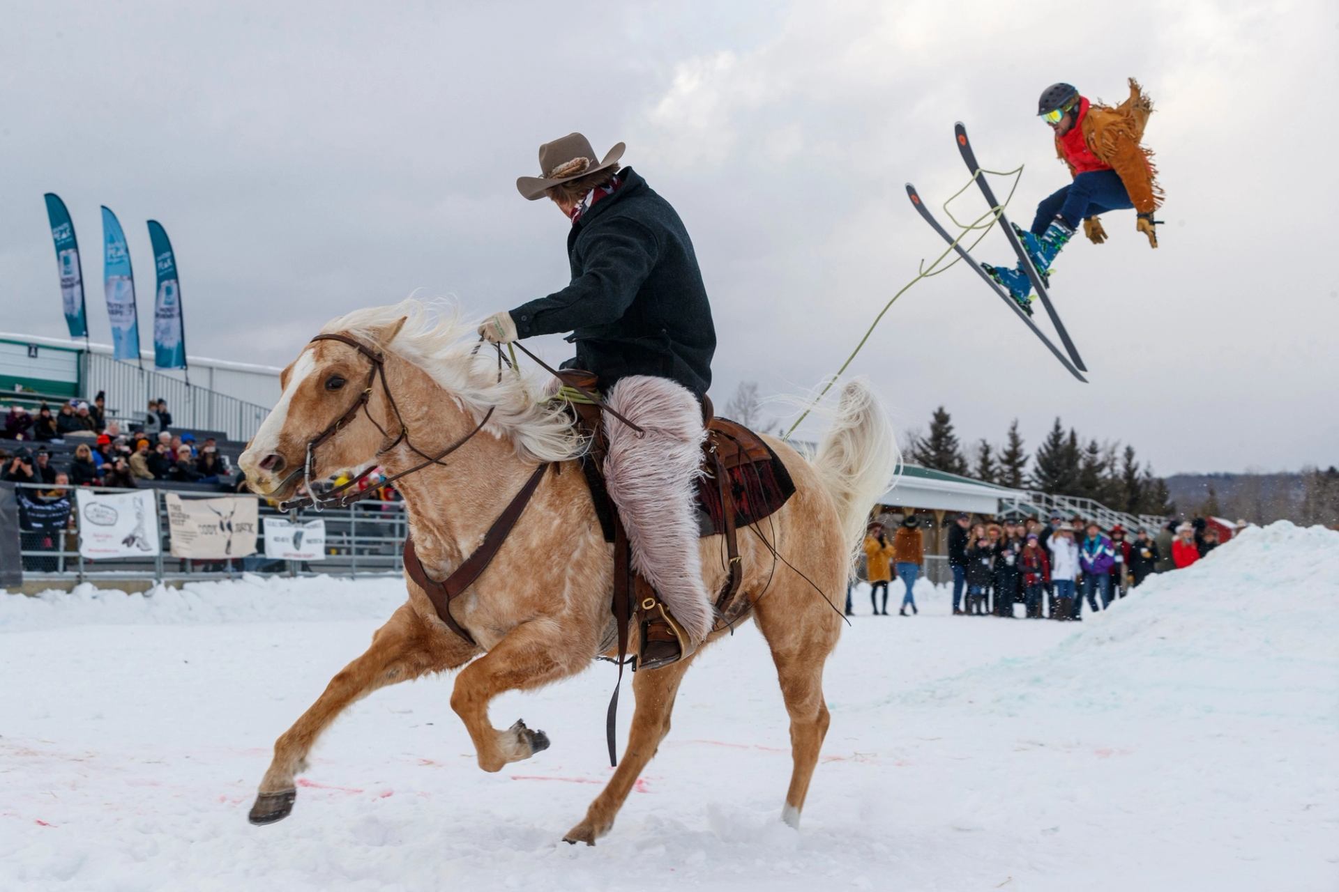 Horse galloping as skier launches into the air during a skijoring event.