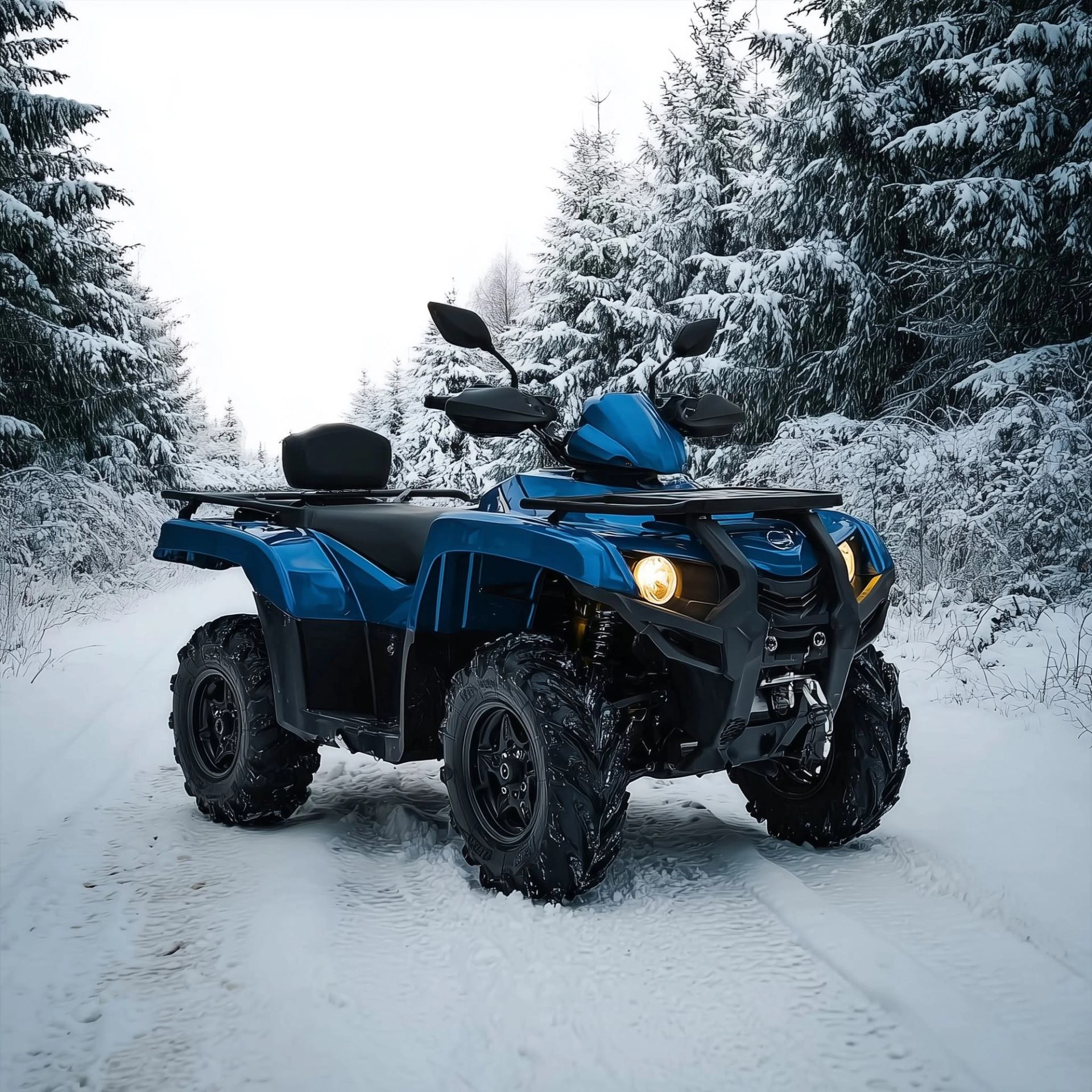 Blue all-terrain vehicle with headlights on stands on a snow-covered forest trail.
