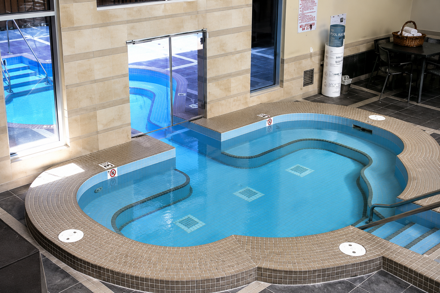 Indoor pool with curved benches, tiled deck, steps and glass doors.
