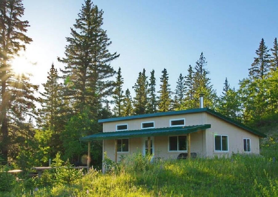 Small hut with green roof in grassy clearing surrounded by pine trees at Spruce Coulee.