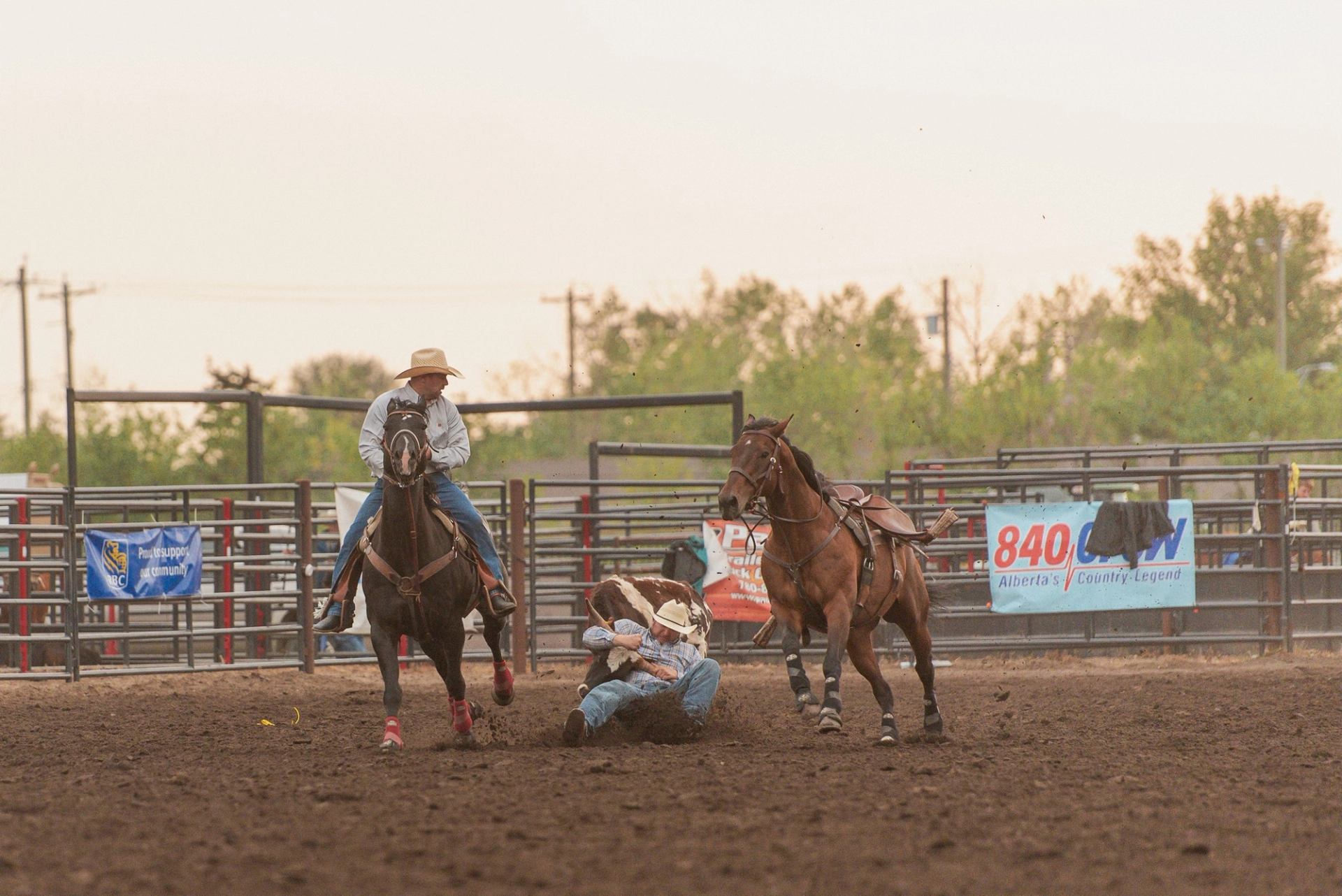 Rodeo arena rider on horse with lasso while another cowboy sits on the ground.