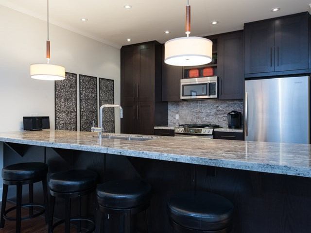 Modern kitchen with granite island, dark cabinets, and stainless steel appliances at ExecSuite.
