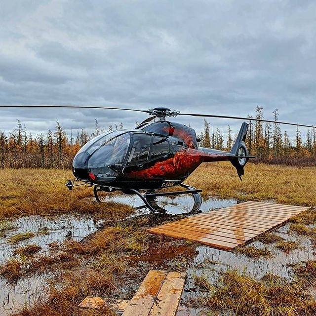 Black and red helicopter parked on a wooden platform in a marshy field under cloudy skies.