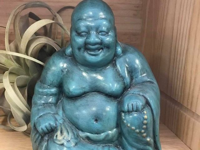 Turquoise Buddha statue on wooden shelf beside spiky green plant.