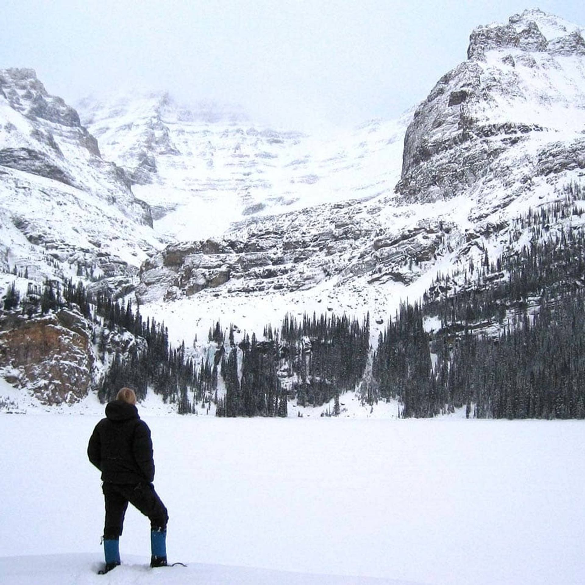 Person standing on a frozen lake surrounded by snow covered mountains and trees.