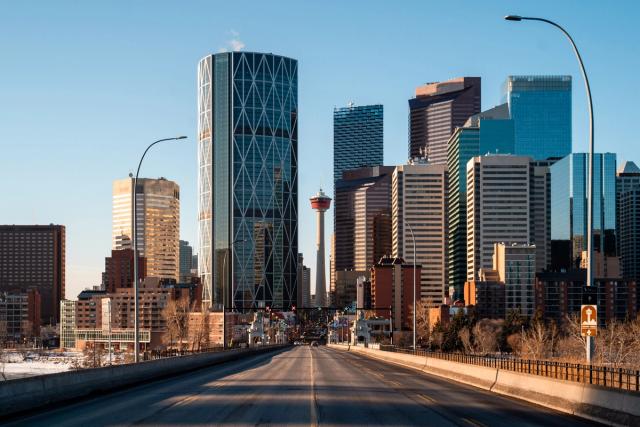 Calgary skyline looking south on centre street with the Calgary Tower at the end.