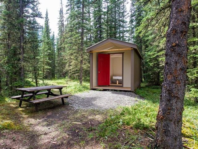 A small cabin with a red door, a picnic table, and surrounded by trees in a forest setting.