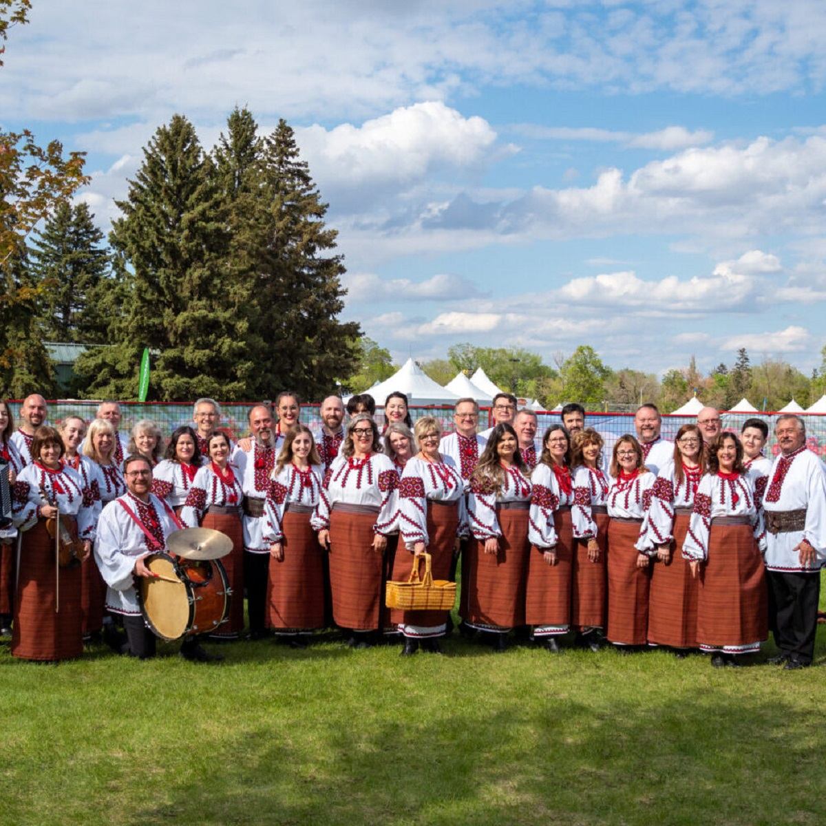 A large group of people in traditional Ukrainian embroidered clothing stand on green grass outdoors.