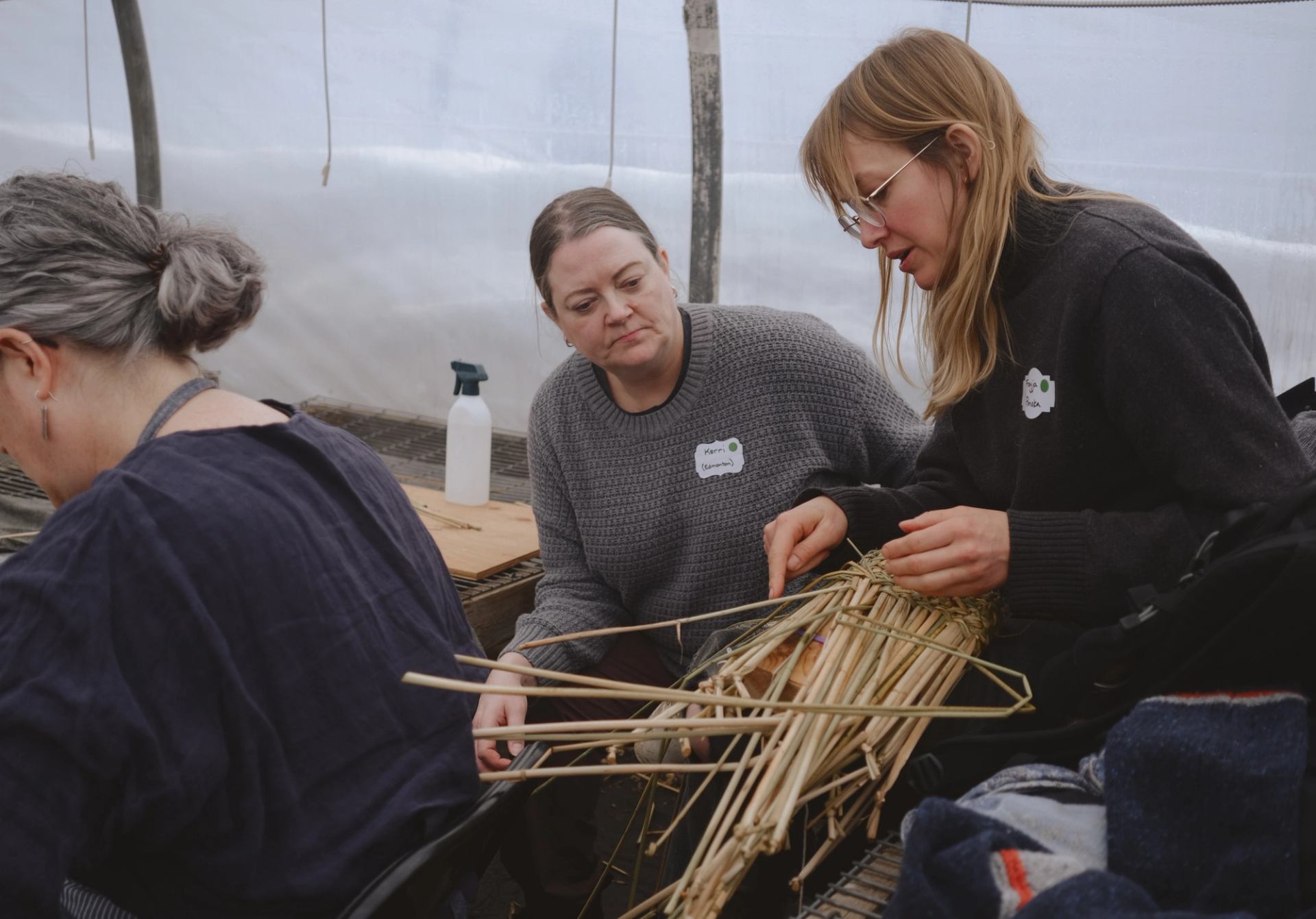 3 women weaving with bulrush. 