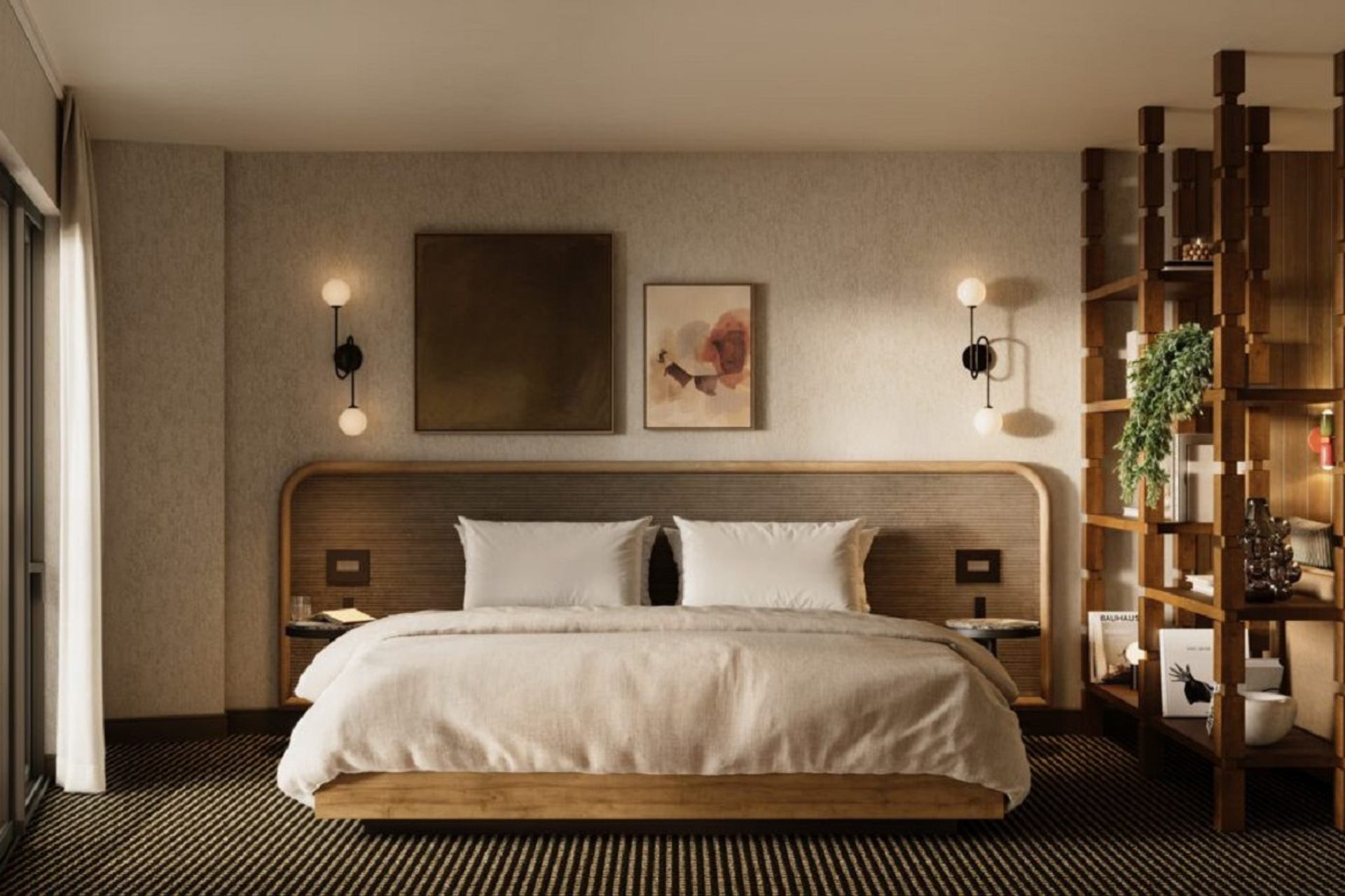 Modern hotel bedroom with wood accents, white linens, and warm lighting.