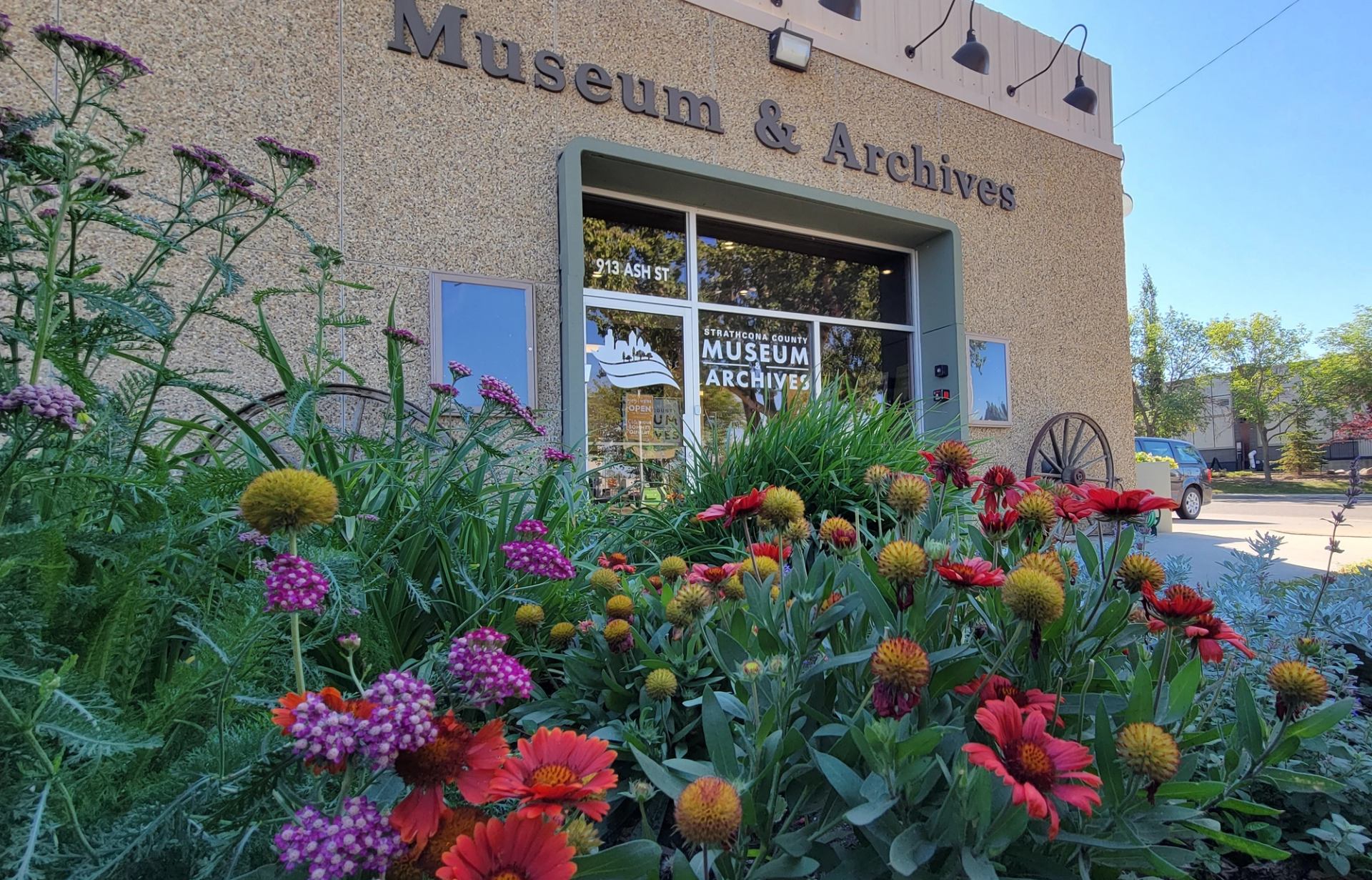 Museum entrance with glass doors, flower garden, and beige facade.