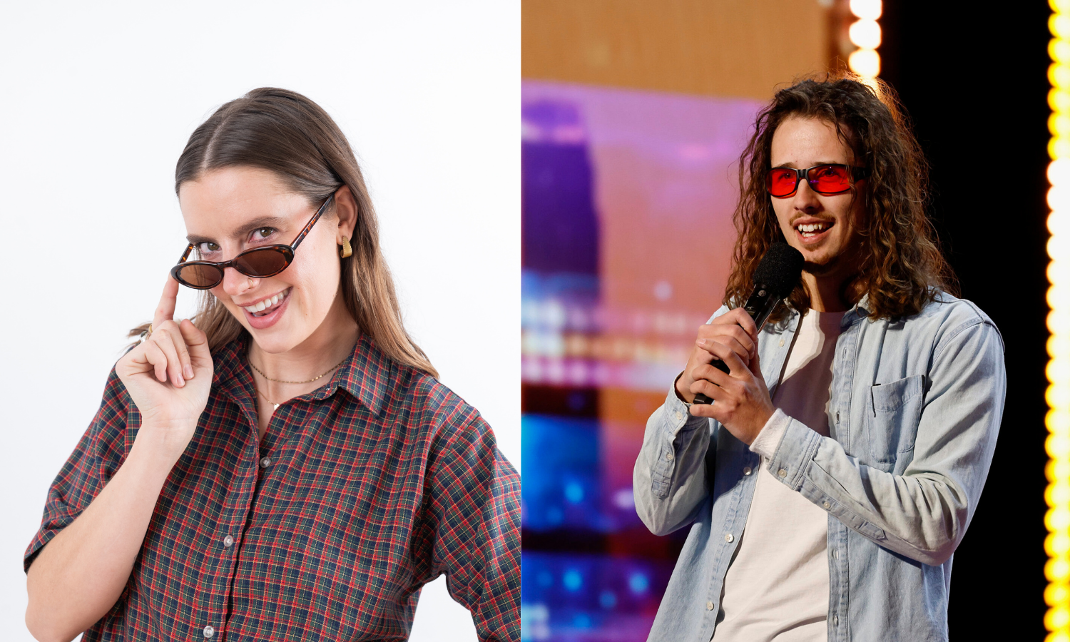 Split image of two people wearing tinted sunglasses, one posing, one holding a microphone.