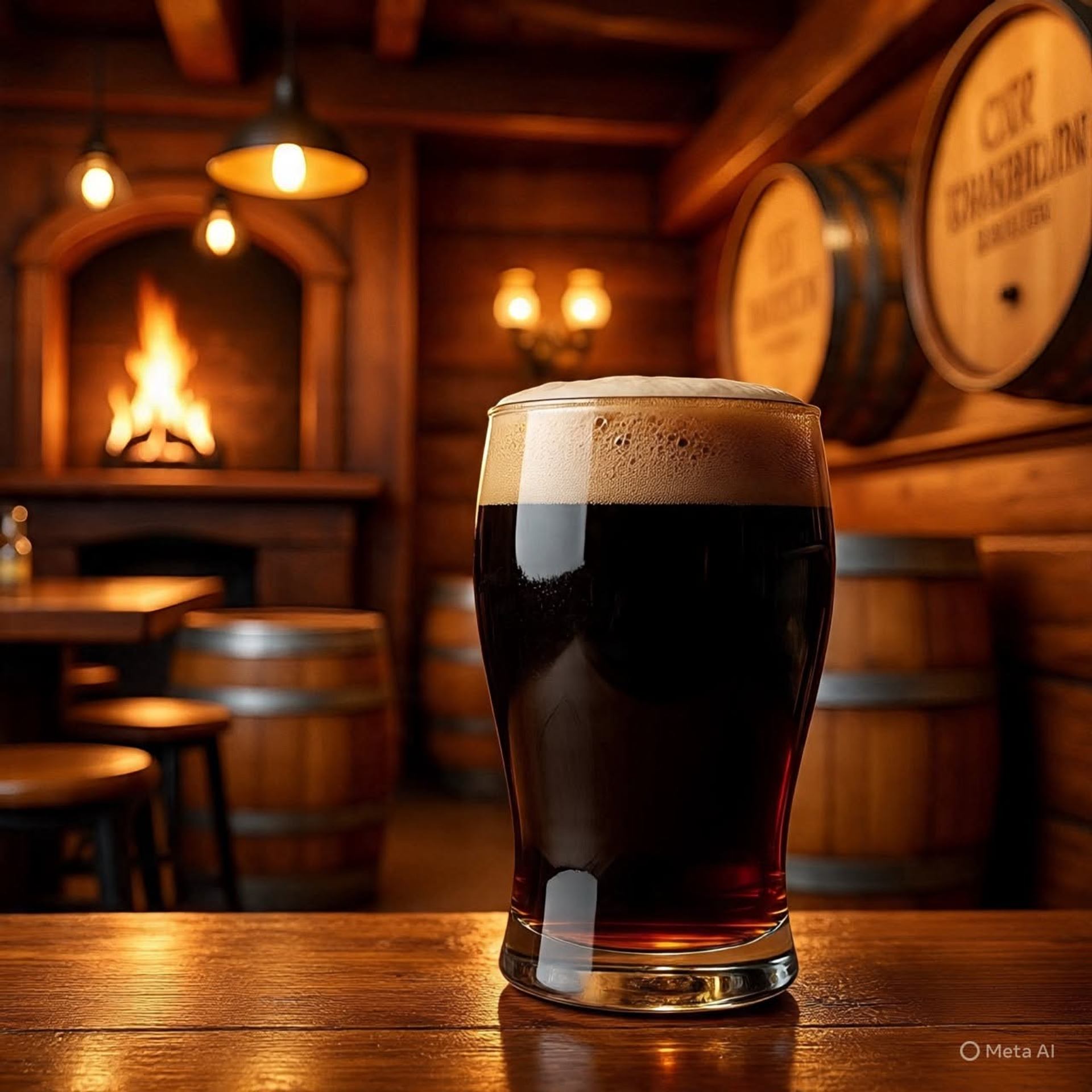 Pint of dark beer on wooden bar with barrels and fireplace in background.
