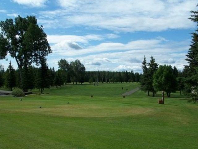 Scenic golf course with trees, green fairway, and a partly cloudy blue sky.