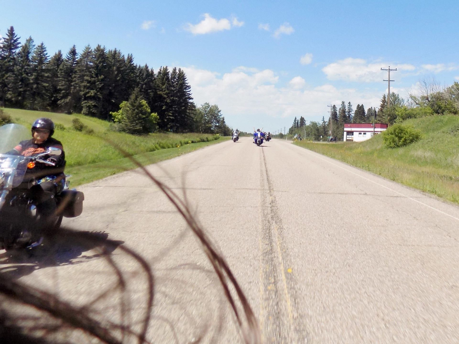 Motorcyclists ride along a rural highway beside trees and power lines.