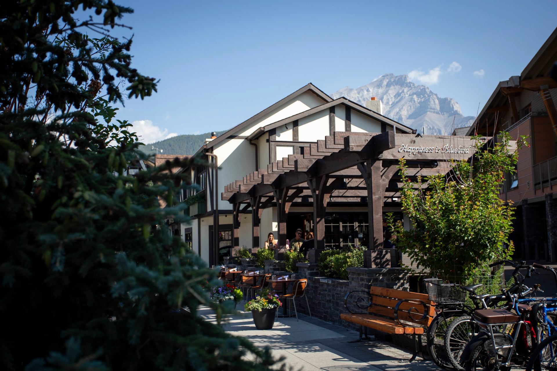 An outdoor restaurant patio with a dark pergola in front of a Tudor-style building, with a large mountain in the background.