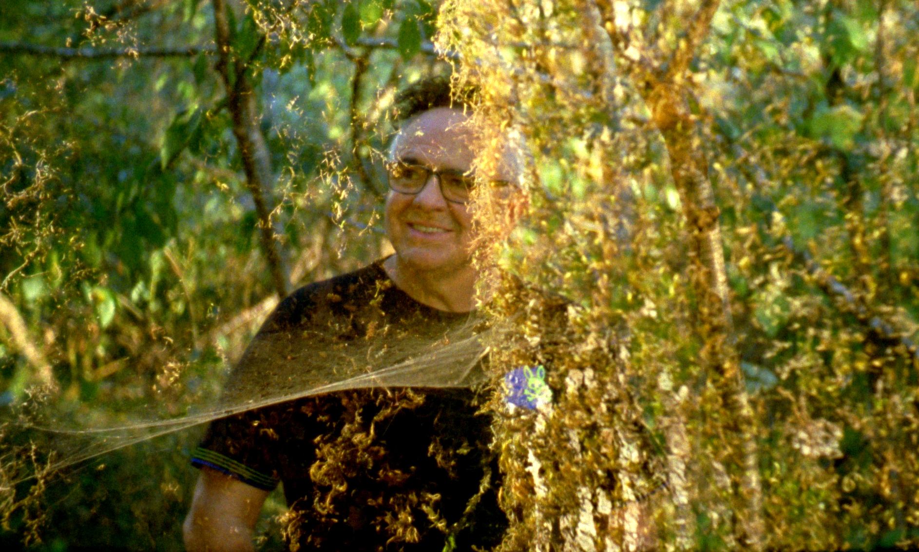 Person wearing glasses stands behind dense foliage and spiderwebs in a green forest.