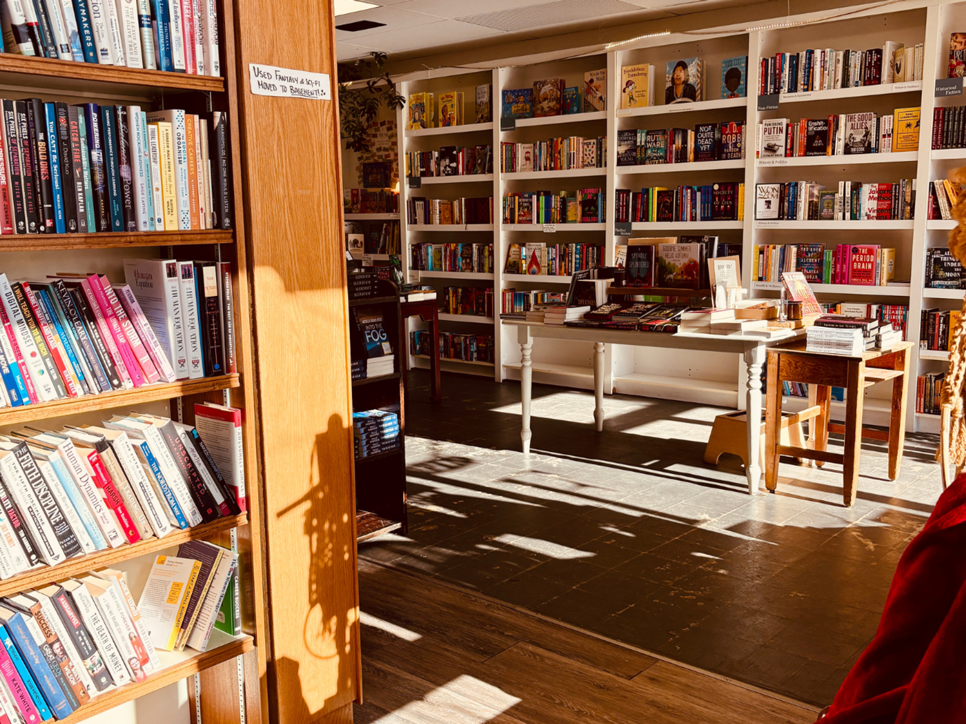 inside indie bookstore showing bookshelves filled with books
