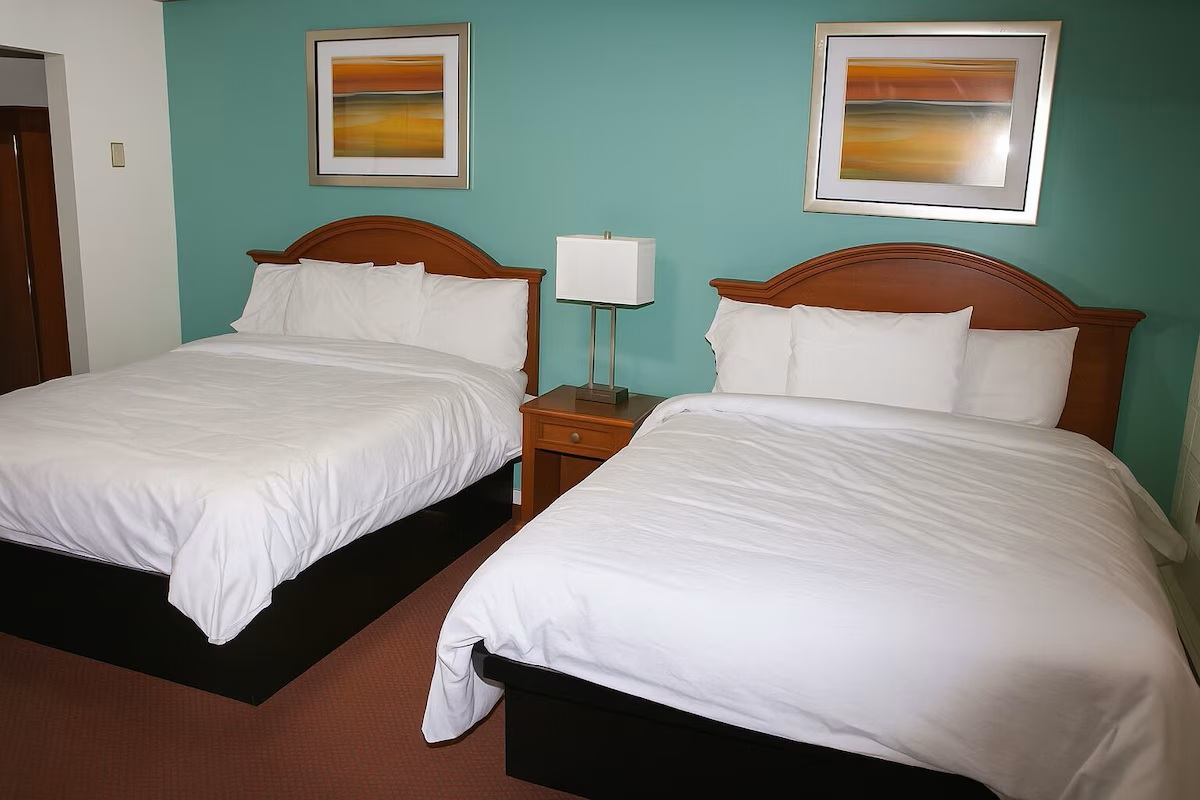 Hotel room with two white beds, teal wall, nightstand and framed abstract art.