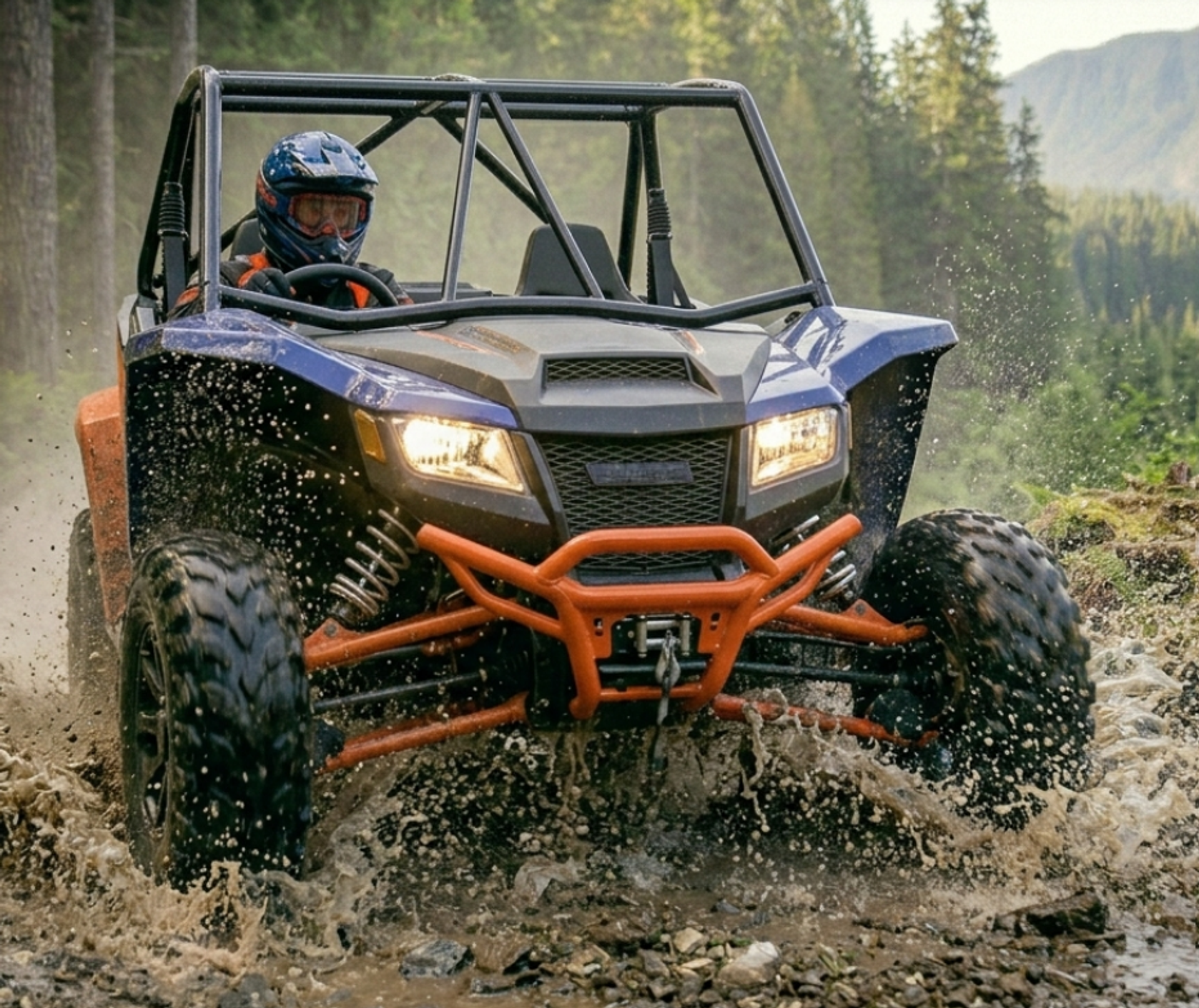 Helmeted driver steers an off-road vehicle through muddy water on a forest trail.