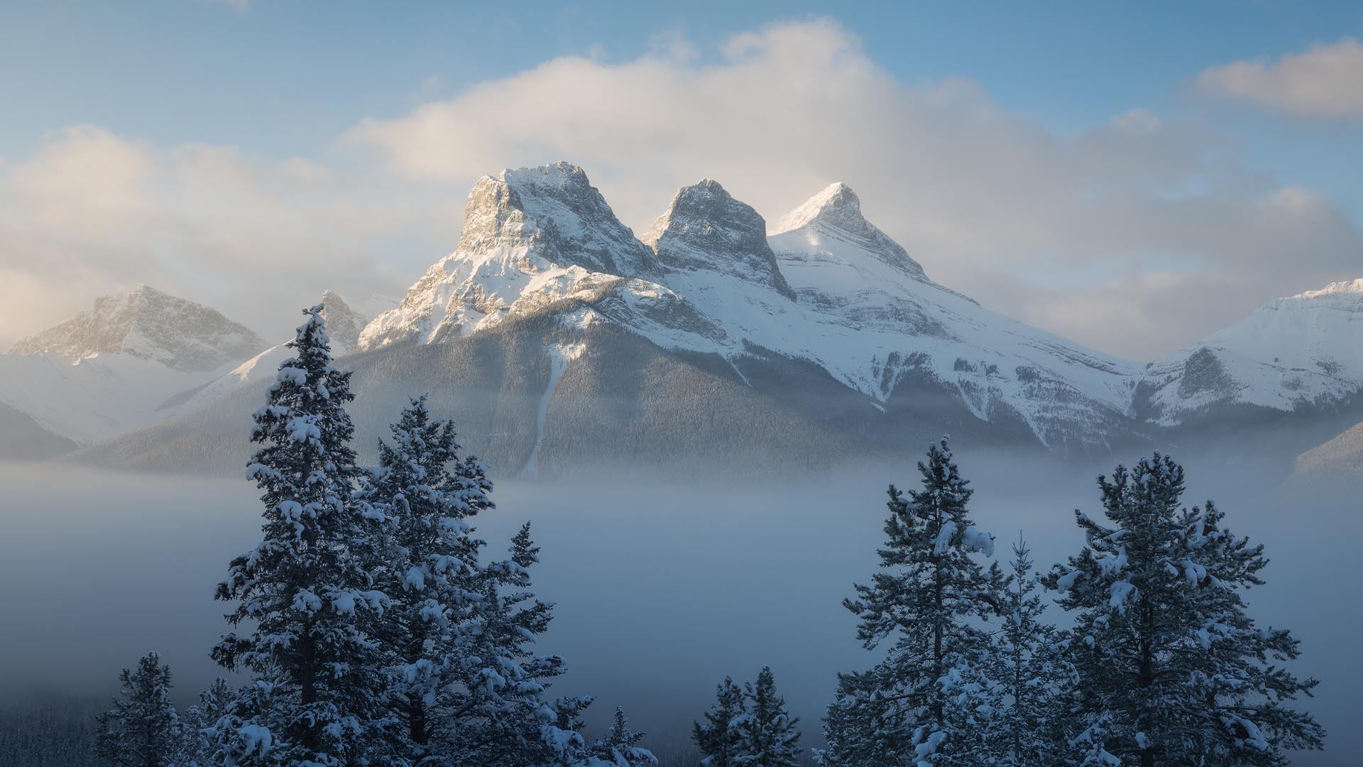 Snowy mountain peaks above a misty valley with evergreen trees.