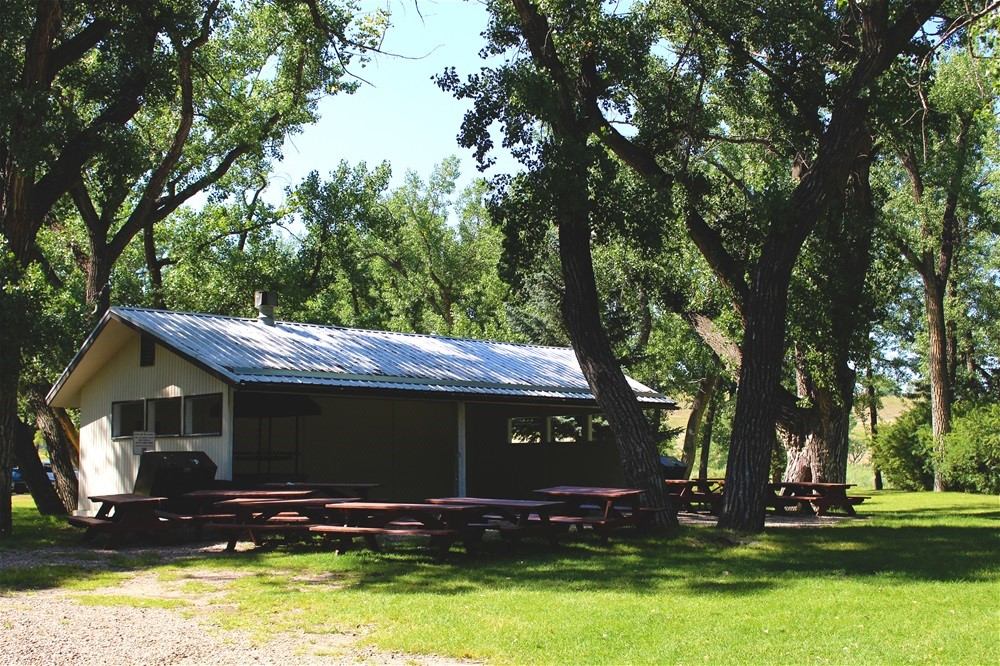 Picnic shelter surrounded by tall trees at Taber Municipal Park.