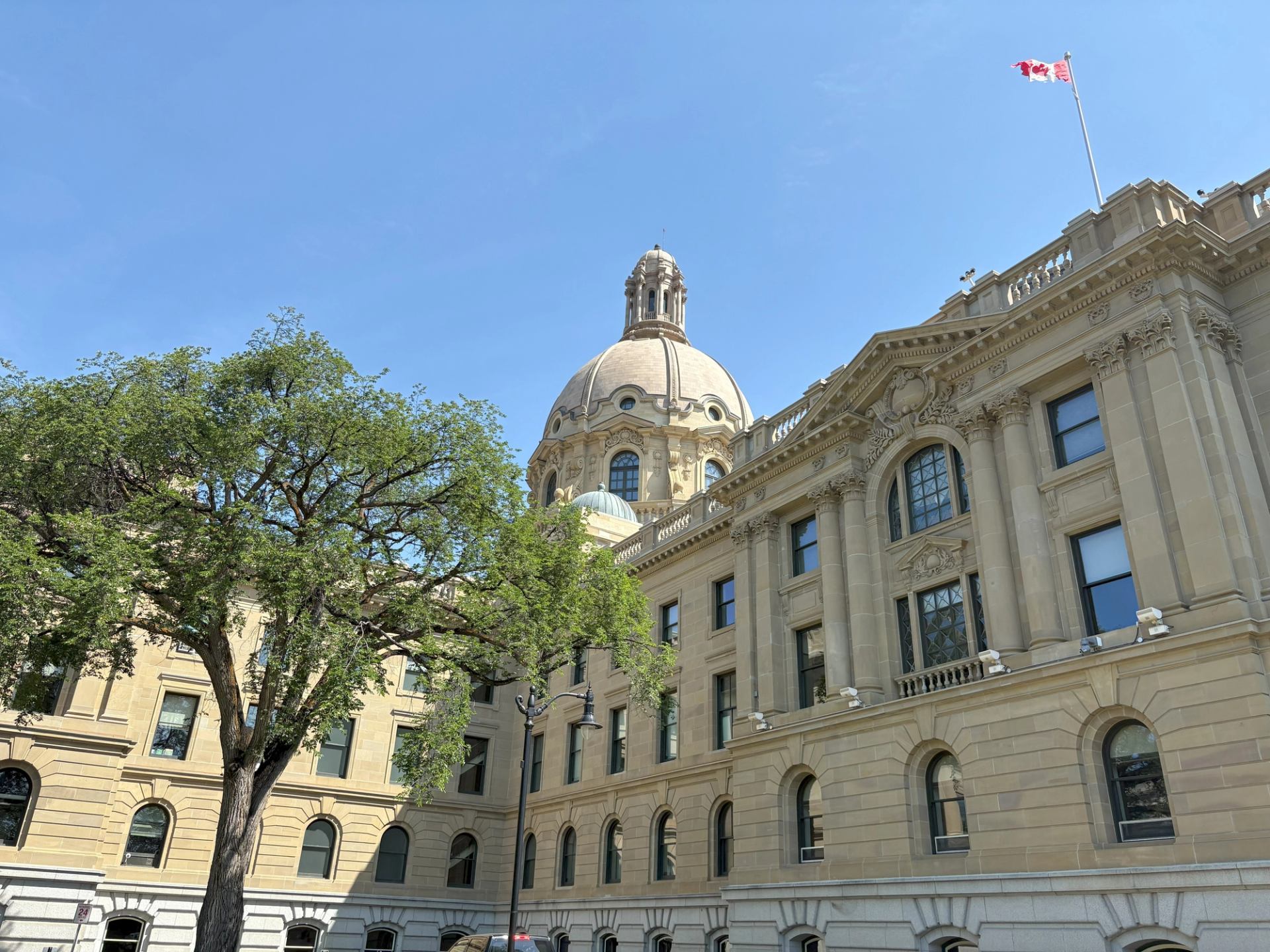 Historic domed building with Canadian flag under blue sky, framed by tree in foreground.