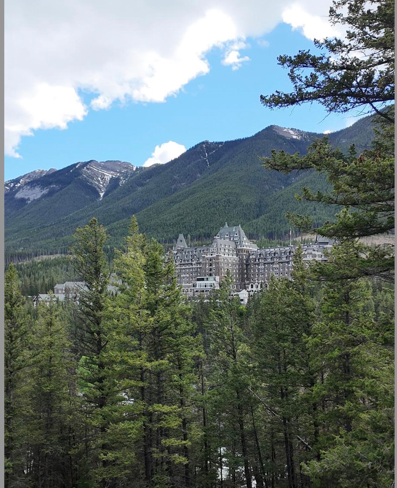 Stone castle-like hotel rises above dense evergreen forest with mountain backdrop and clouds.