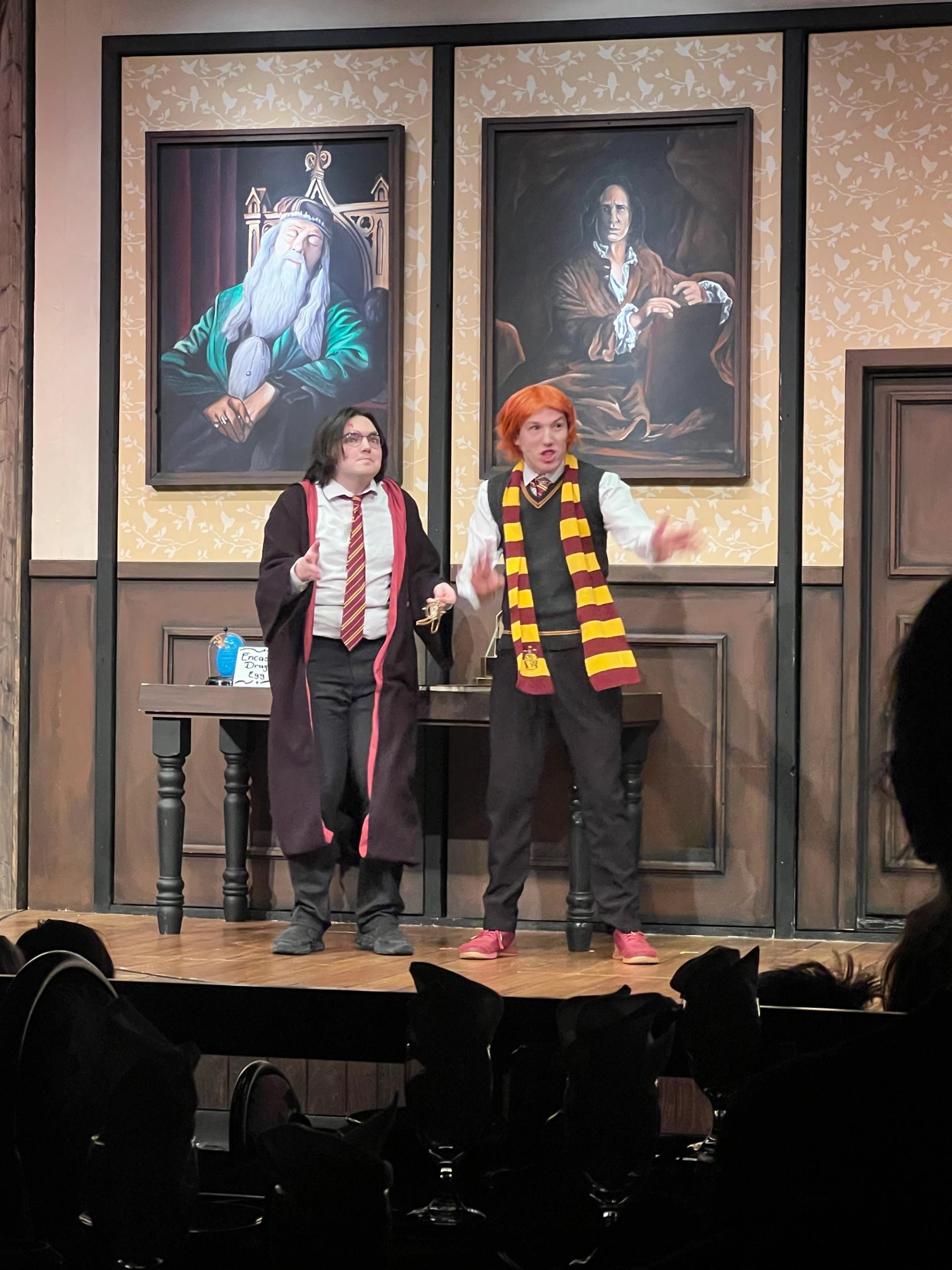 Two performers in wizard costumes stand onstage before large framed portraits.