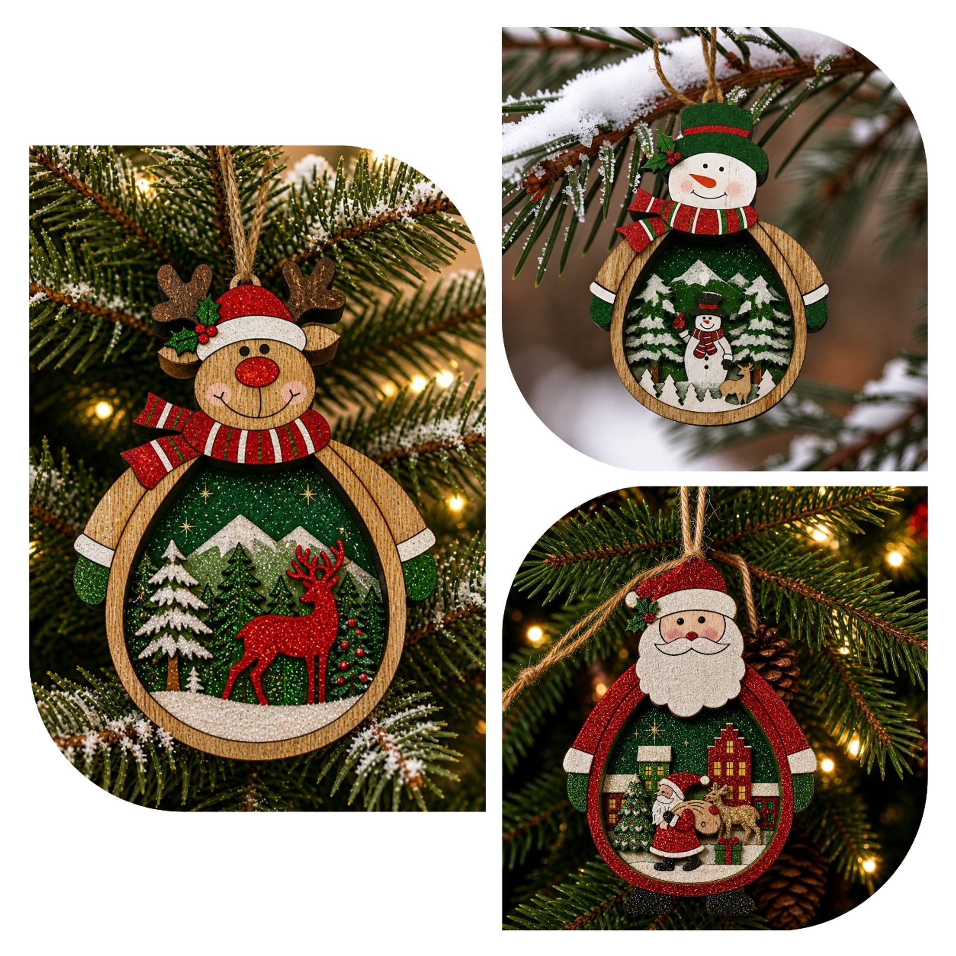 Wooden reindeer, snowman and Santa ornaments hanging on lit evergreen branches with snow.