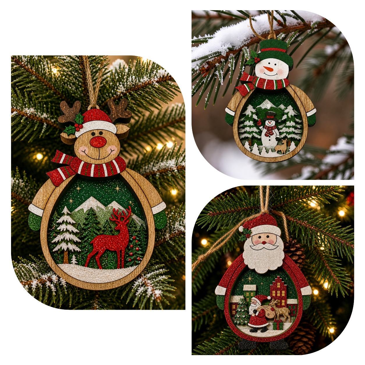Wooden reindeer, snowman and Santa ornaments hanging on lit evergreen branches with snow.
