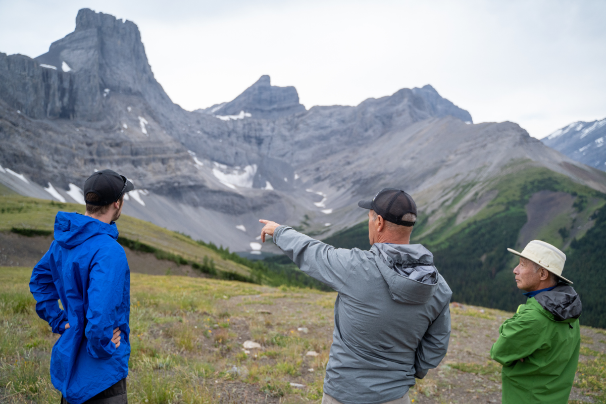 Three hikers in jackets stand on grassy slope, looking toward rugged grey mountain peaks.