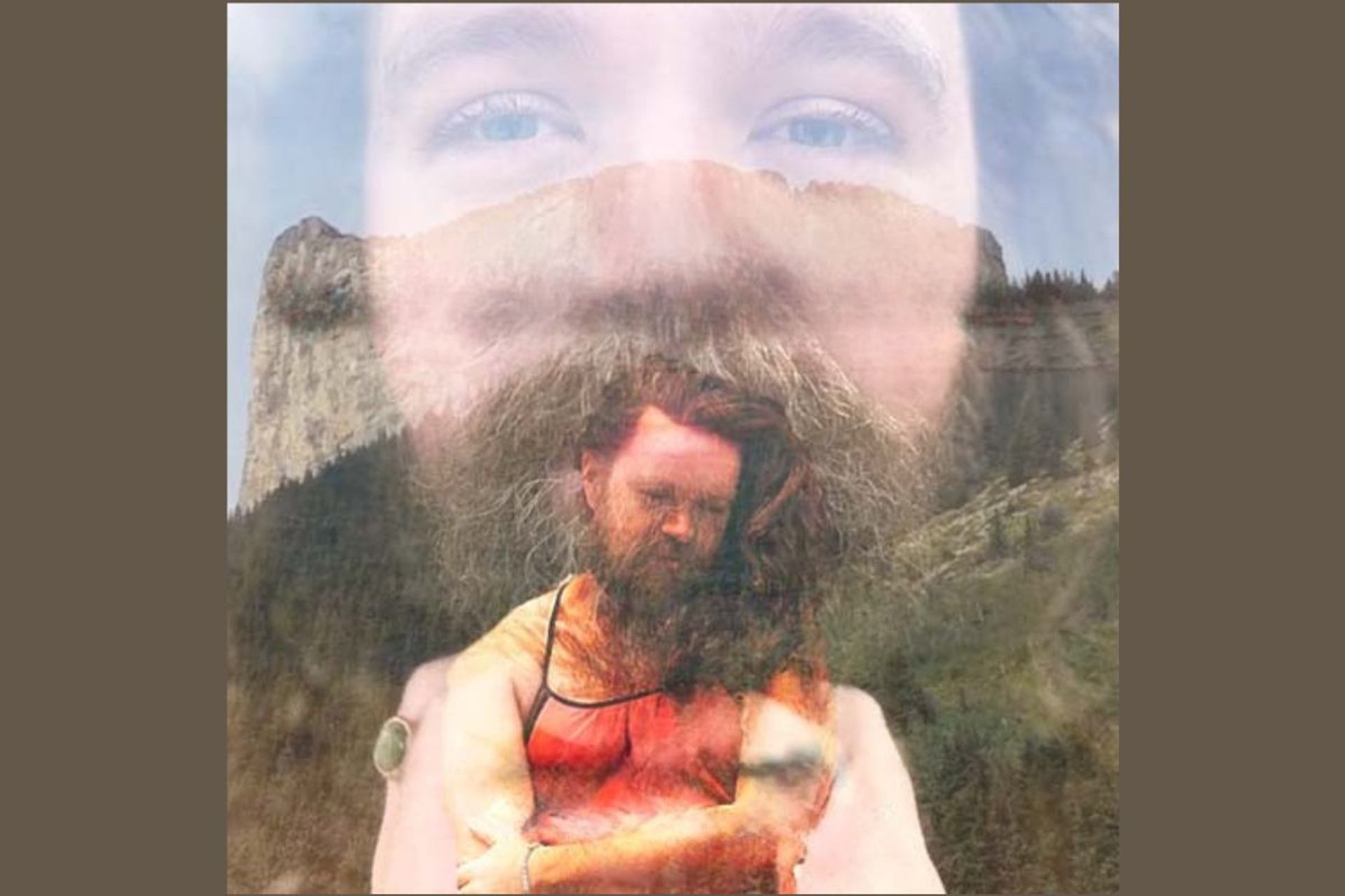 Double exposure portrait with bearded person, mountain landscape and smaller figure overlapping.