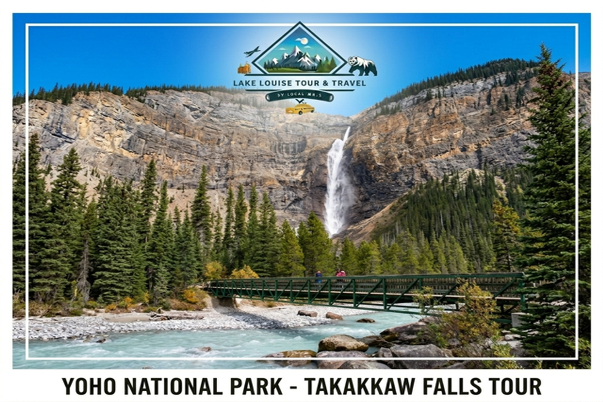 Waterfall behind pine trees and bridge at Yoho National Park Takakkaw Falls tour