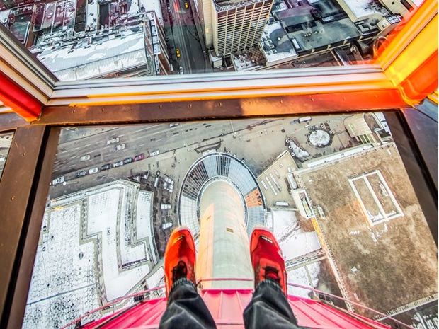 The view looking down from the observation deck of the Calgary Tower.